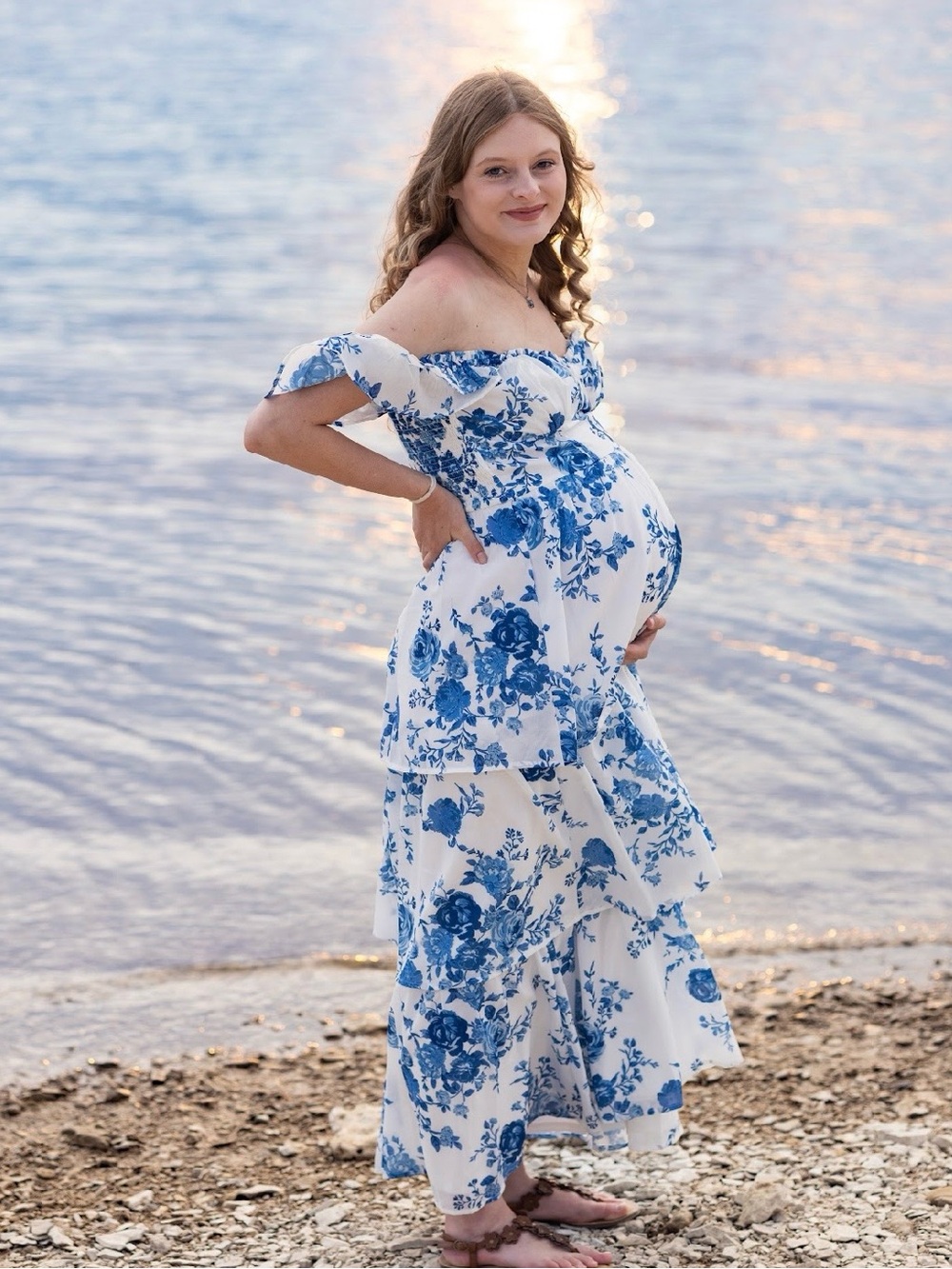 Blue Floral Off-Shoulder Tiered maternity Dress